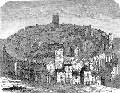 The amphitheatre, arena at Arles in France in 1890, historical, digital reproduction of an original