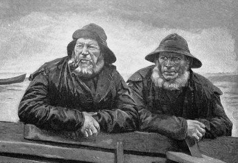Closing time, two fishermen returning to the harbour, France, 1890, Historical, digital