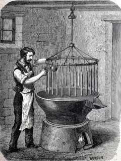 Old method of candle making, candle maker, candle making around 1880, historical, digital
