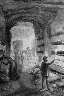 Visitors in the catacombs of Rome, Italy, 1880, Historical, digital reproduction of an original
