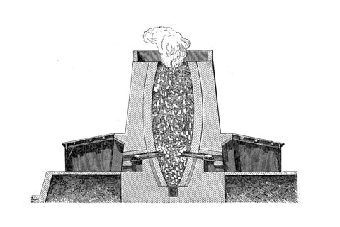 Continuously burning lime kiln for the production of lime in 1880, historical, digital reproduction