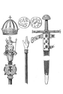 Sword, sceptre, rod of judgement and crown, coins from the time of Charlemagne, around 800 AD,