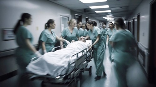 Medical staff hurry along a hospital corridor with a patient on a gurney, emphasizing an emergency