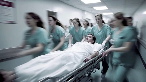 Medical staff quickly transporting a patient on a stretcher down a hospital hallway, creating a