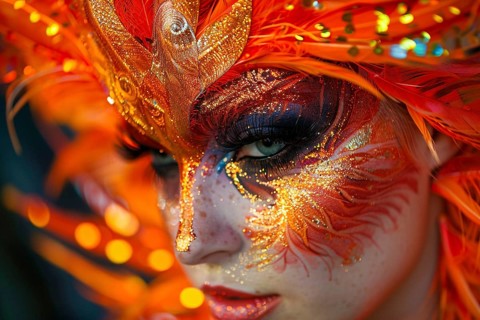 Close up of woman's face with Halloween phoenix bird costume makeup with feathers. Generative Ai,