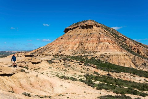 A man and a dog in a barren desert landscape run towards a large hill under a clear sky, Bardenas