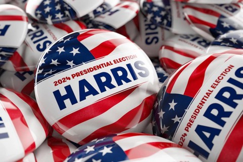 WASHINGTON, DC, MARCH August 05, 2024: Illustration of presidential campaign buttons of Kamala