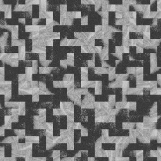 An abstract geometric pattern with black, white, and gray pixelated block shapes creating a