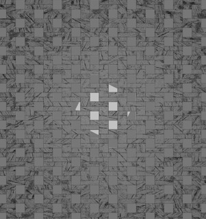 Abstract geometric art with a gray checkerboard pattern featuring small illuminated squares in the