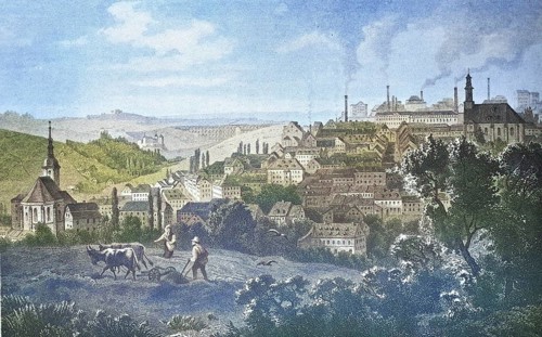 Historical view, 19th century, of the town of Reichenbach, Saxony, Germany, digitally restored