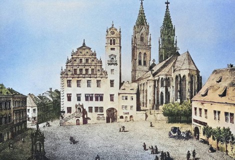 Historical view, 19th century, of the town of Oschatz, Saxony, Germany, digitally restored