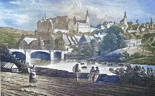 Historical view, 19th century, of the town of Colditz, Saxony, Germany, digitally restored