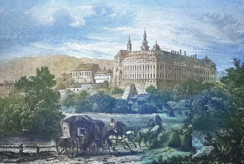 Historical view, 19th century, of the town and monastery of Braunau, formerly Silesia, Germany,