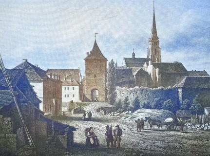 Historical view, 19th century, of the city of Pilsen with the Sachsentor, formerly Bohemia,