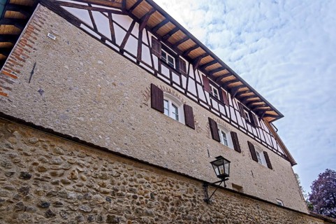 Half-timbered house on the upper town wall, Isny, Baden-Württemberg, Germany, Europe