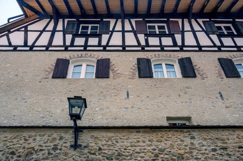 Half-timbered house on the upper town wall, Isny, Baden-Württemberg, Germany, Europe