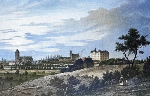 Historical view, 19th century, of the town of Güstrow, Mecklenburg-Vorpommern, Germany, digitally
