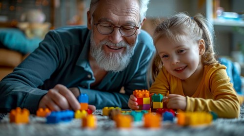 Grandfather and granddaughter happily building with lego blocks on the carpet in a comfortable