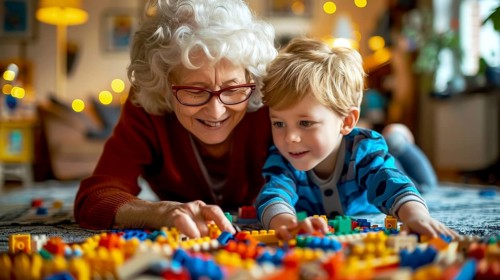 A joyful elderly woman and her grandson playing with colorful building blocks in a warmly lit room,