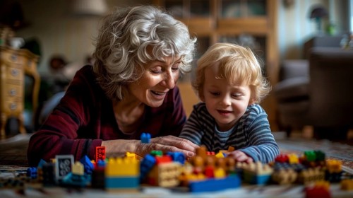 A cheerful grandmother and her grandson playing with building blocks in a warmly lit indoor