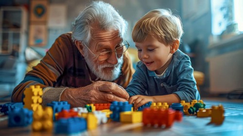 An elderly man with glasses and a young boy happily playing with building blocks indoors, AI