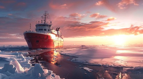 Icebreaker ship is sailing through the ocean, AI generated
