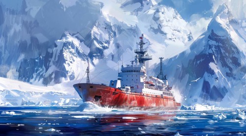 Icebreaker ship is sailing through the ocean, AI generated