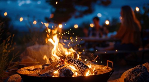 A man, a woman and a child are sitting around a fire. Campfire outdoor fun. Nature enjoyment, AI