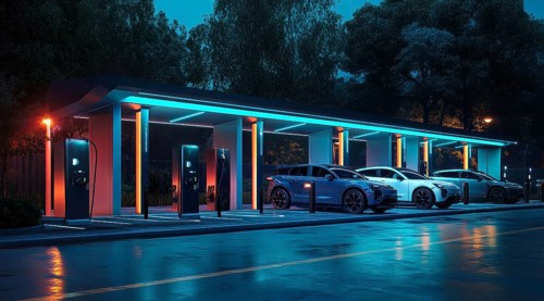 Modern electric car charging the battery from the electric charger. Ecology and sustainable energy,