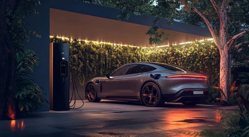 Modern electric car charging the battery from the electric charger. Ecology and sustainable energy,