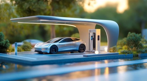 Modern electric car charging the battery from the electric charger. Ecology and sustainable energy,