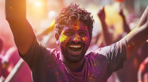 Indian man colored face portrait during Holi Hindu festival, AI generated