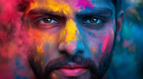 Indian man colored face portrait during Holi Hindu festival, AI generated