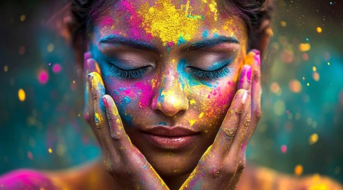 Indian woman colored face portrait during Holi Hindu festival, AI generated