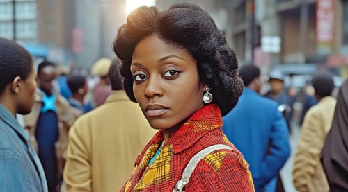 Vintage black woman standing on a sidewalk of a black neighborhood community, AI generated