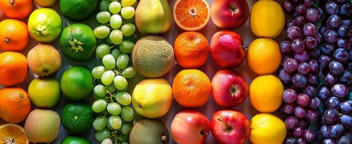 Colorful rows of fruits. Apples, oranges, and grapes. Organic healthy mediterranean diet, AI