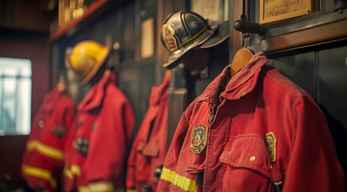 Fireman and first responders uniform at the fire station ready to extinguish fires, AI generated