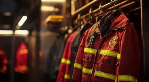 Fireman and first responders uniform at the fire station ready to extinguish fires, AI generated