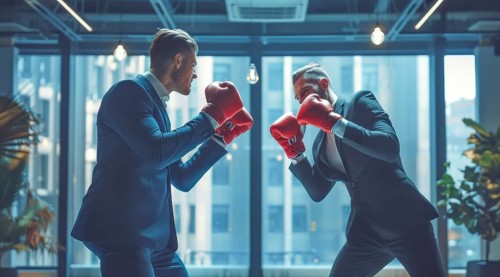 Two men in suits boxing in an office. A concept of corporate toxic environment and corporate greed,