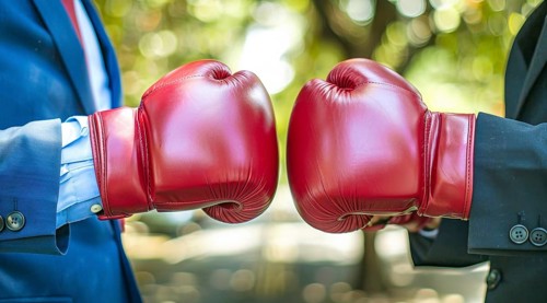 Two men in suits boxing in an office. A concept of corporate toxic environment and corporate greed,