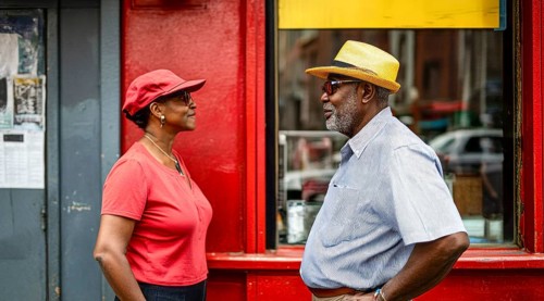 Senior black man and a woman standing on a sidewalk of a black neighborhood community, AI generated