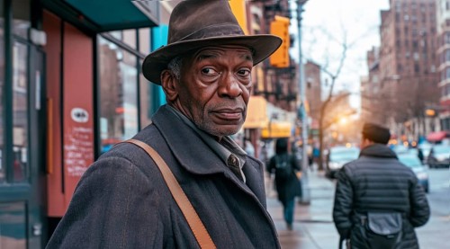Senior black man wearing a hat and a coat standing on a sidewalk of a black neighborhood community,