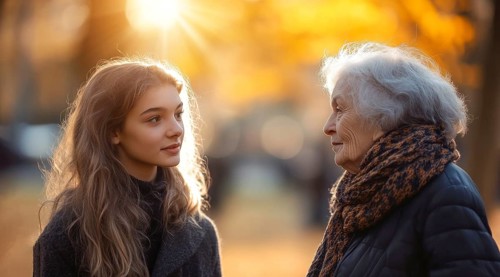 Young and old generations communicate and converse outdoors. Concept of family connection, AI