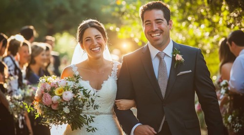 Outdoors luxury wedding and honeymoon time with bride and groom at the wedding ceremony, AI