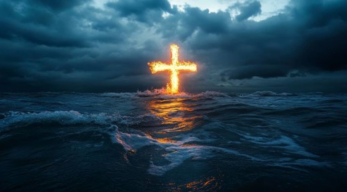 Christian cross is burning in the ocean, a symbol of strong enduring religion, faith and miracles,