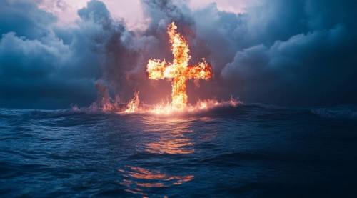 Christian cross is burning in the ocean, a symbol of strong enduring religion, faith and miracles,