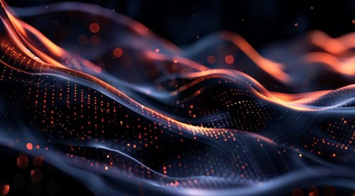 Abstract background of wave of light and dark blue with orange and red streaks, AI generated
