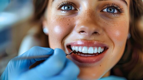 A young woman with freckles sits with a dentist wearing blue gloves and examining her flawless