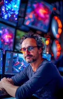 A young, slightly greying IT expert with glasses and beard, sitting at his keyboard and several
