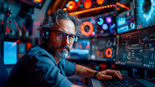 A grey-haired IT expert with glasses, grey hair and a full beard, sitting at his keyboard and